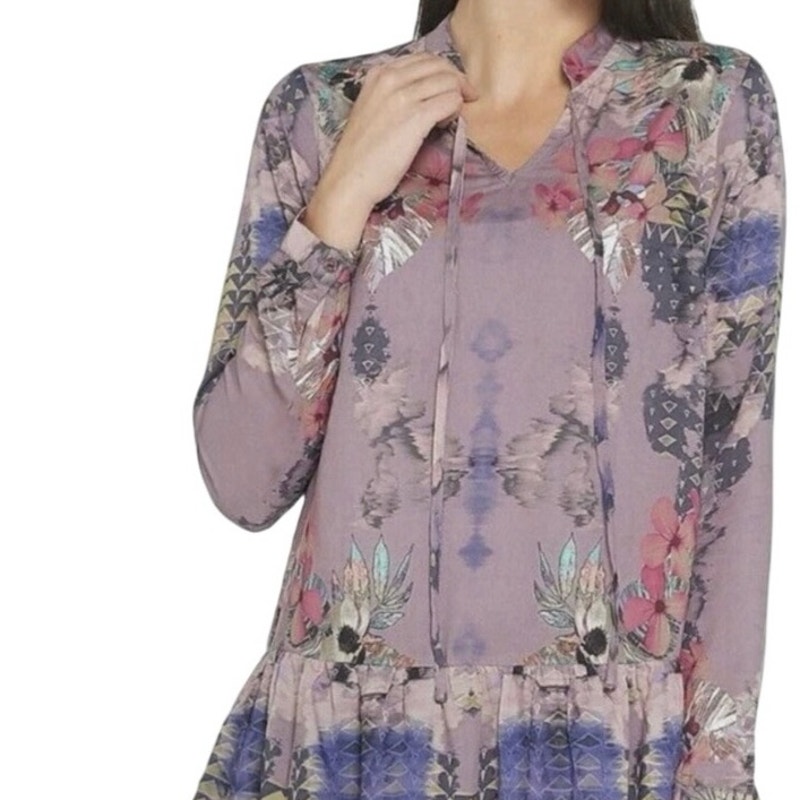 Tolani Collection Boho Modal Tunic Blouse, Purple Bird Floral Print, Medium